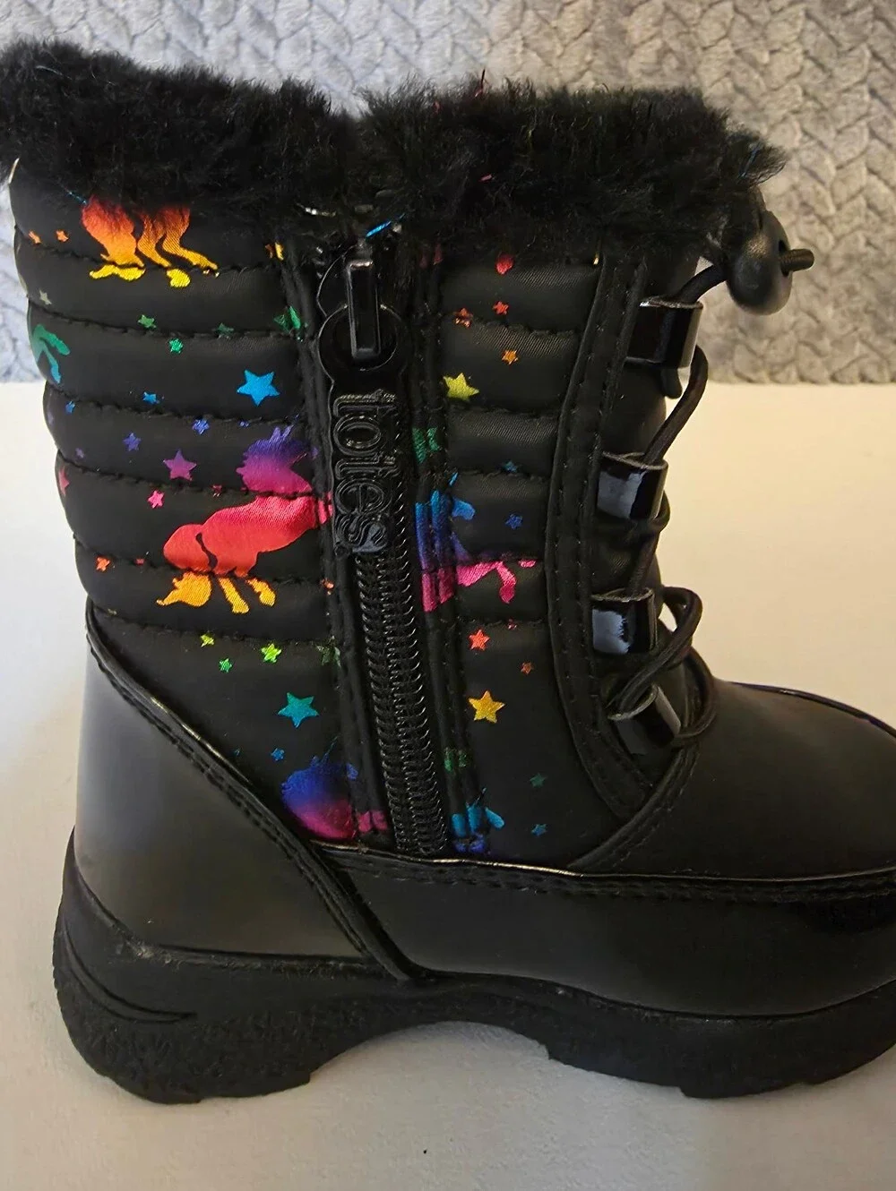 Black Kids Winter Boots with Rainbow Unicorns- Size 6